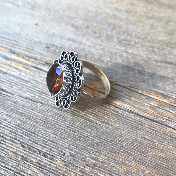 Sterling silver plated golden yellow quartz cocktail ring oval scrollwork boho - Picture 5 of 9